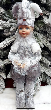 Păpușă muzicală decorativă Crăciun – Arlechin argintiu alb